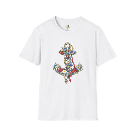 Floral Anchor Illustration T-Shirt Nautical Anchor with Roses (Light Weight, Ultra Soft T-Shirt)