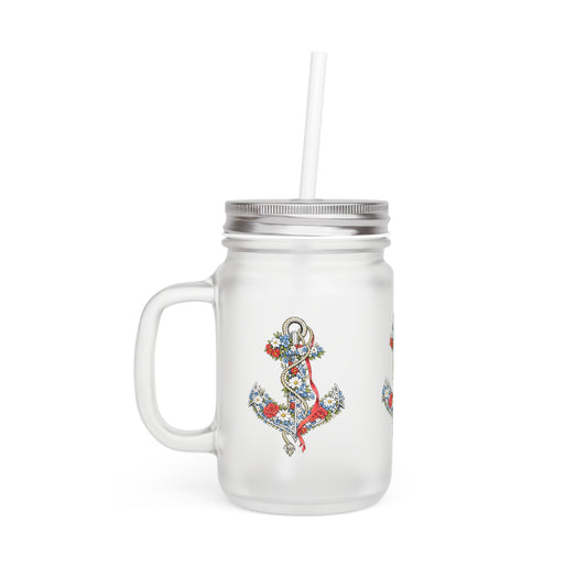 Floral Anchor Mason Jar | Mason Jar Tumbler with Handle and Straw
