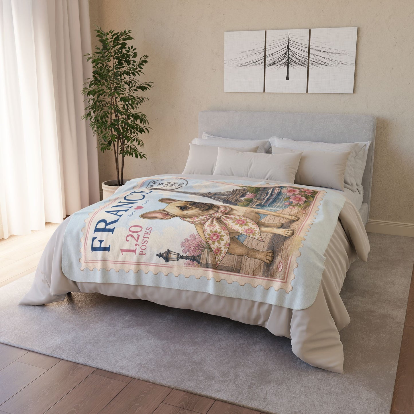 French Bulldog Paris Stamp Fleece Sherpa Blanket | Eiffel Tower, Floral Accent
