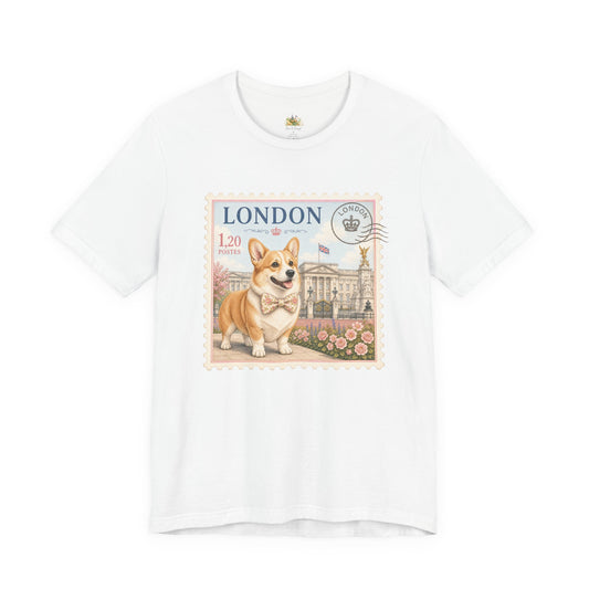 London Corgi Postage Stamp T-Shirt | Cute British Dog Travel Design