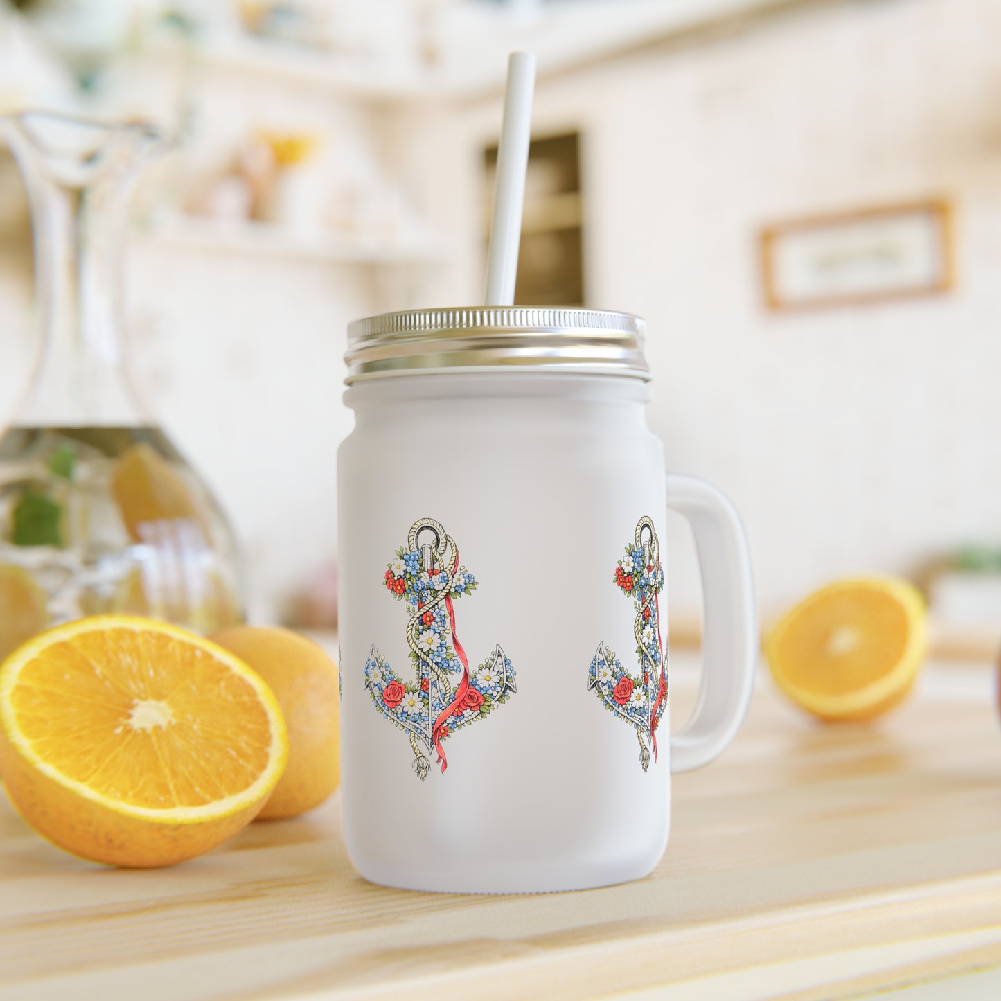 Floral Anchor Mason Jar | Mason Jar Tumbler with Handle and Straw
