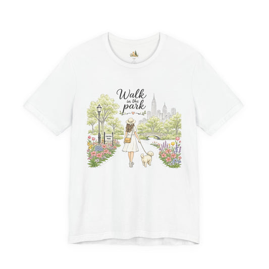Walk in the Park T-Shirt | Woman Walking Dog Park Illustration