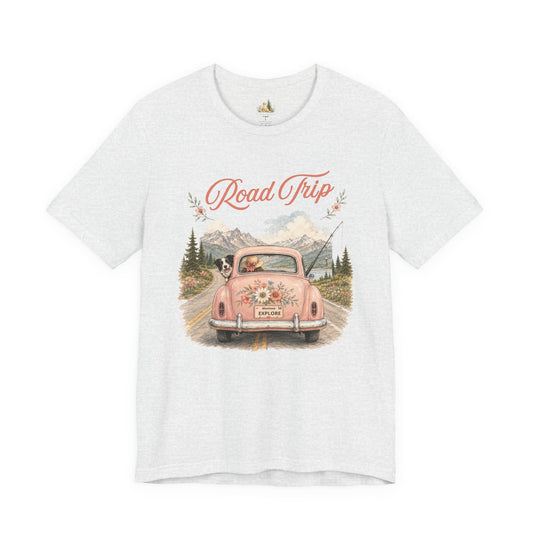 Road Trip Vintage Car T-Shirt — Retro Floral Scenic Drive Tee