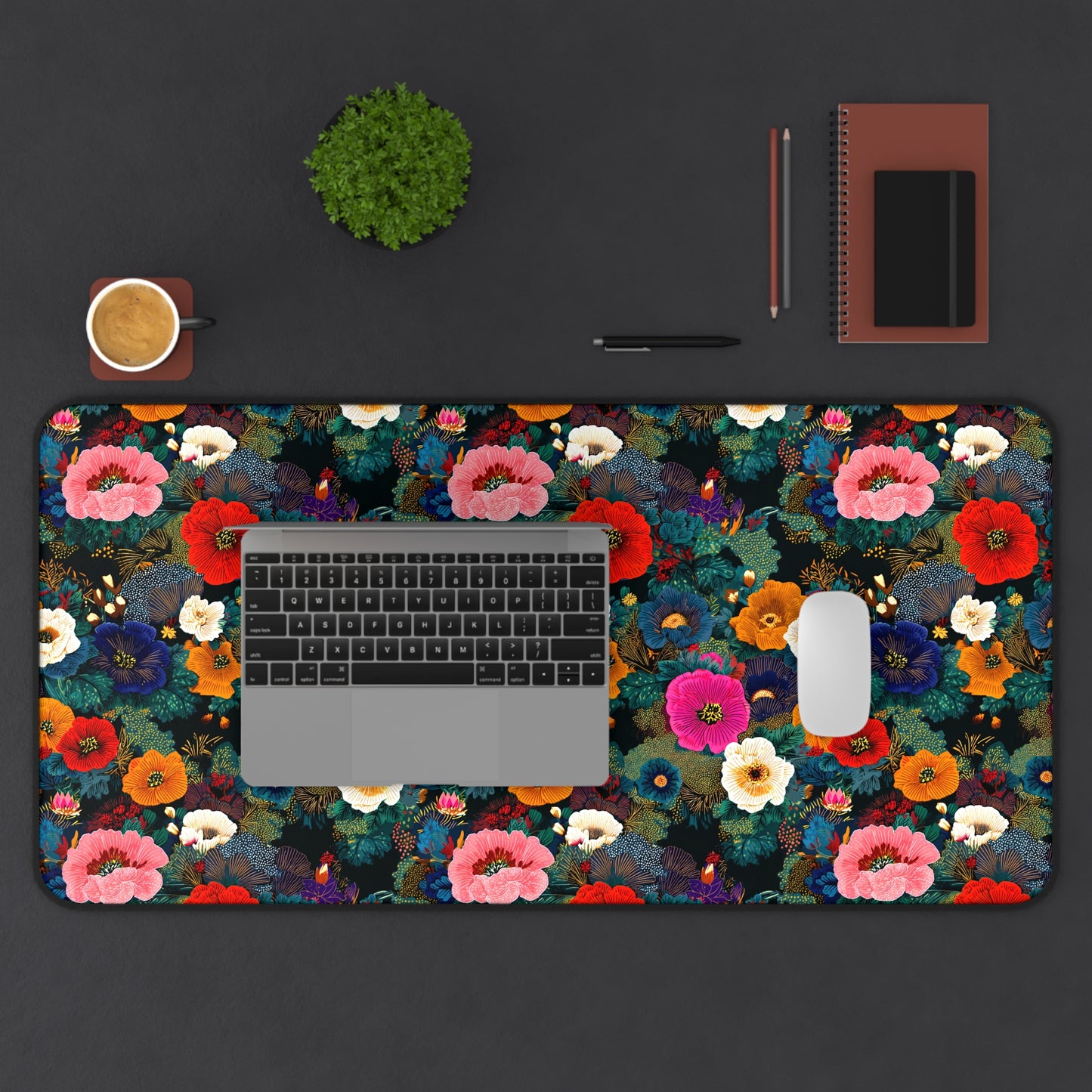 Floral Velvet Desk Mat — Colorful Poppy Garden Office Mouse Pad