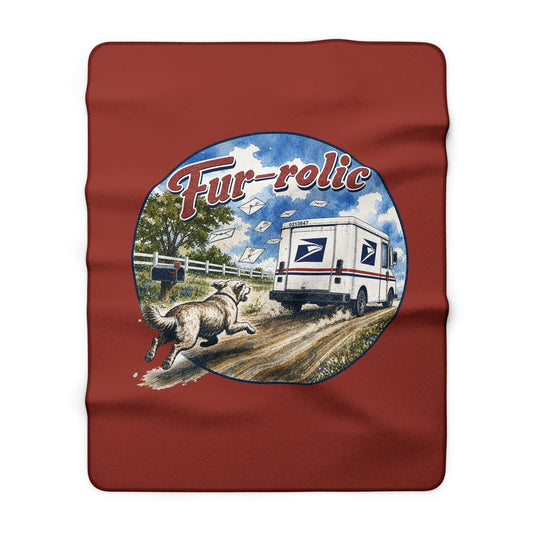 Red Sherpa Blanket — "Fur-rolic" Dog Chasing Mail Truck Plush Throw 30x40"