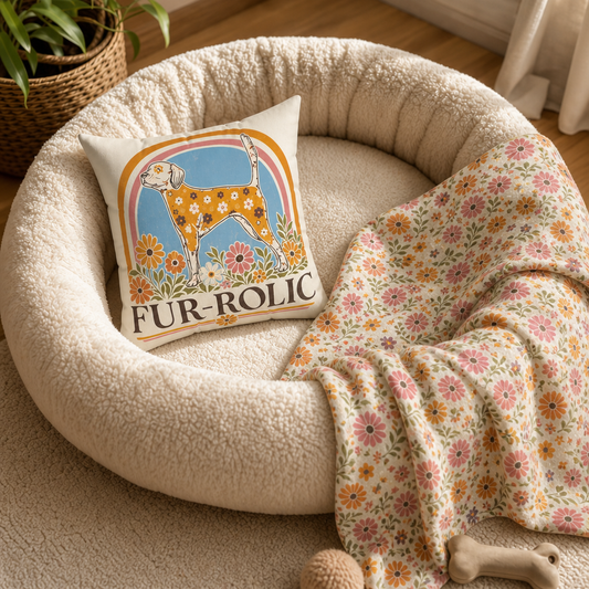Retro Floral Dog Pillow — “Fur-Rolic” Decorative Dog Bed Pillow. 14x14"
