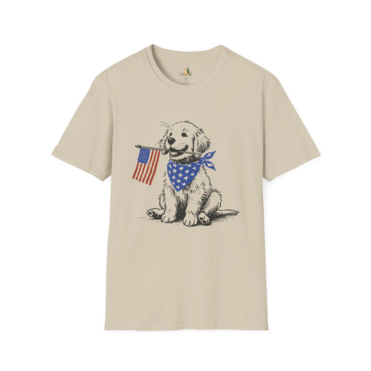 Unisex Patriotic Puppy T-Shirt — Golden Retriever with American Flag Bandana (Light Weight, Ultra Soft Tee)