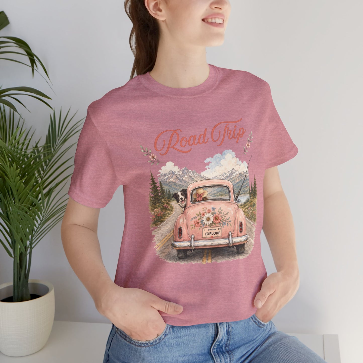 Road Trip Vintage Car T-Shirt — Retro Floral Scenic Drive Tee