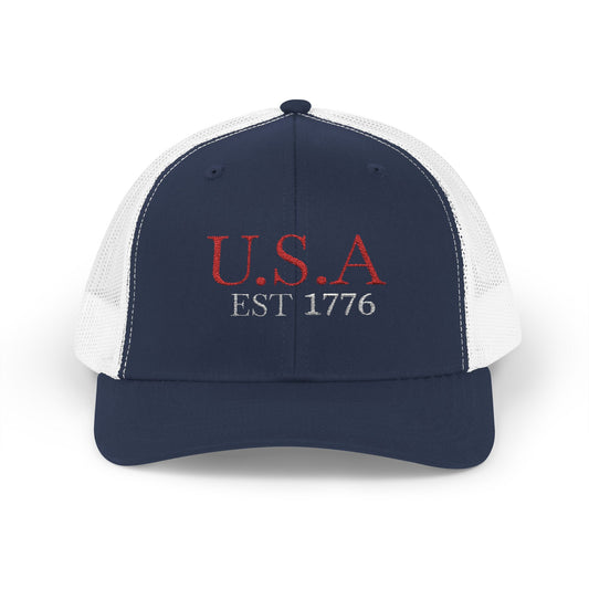 USA EST 1776 Snapback Trucker Cap — Patriotic American Flag Style