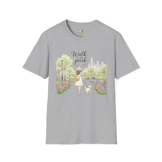 Walk in the Park T-Shirt | Woman Walking Dog Park Illustration (Light Weight, Ultra Soft Tee)