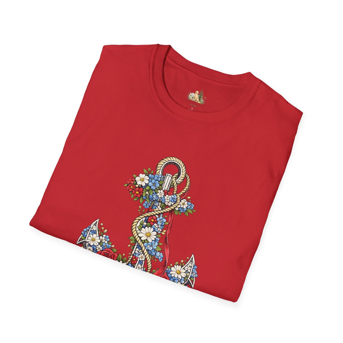 Floral Anchor Illustration T-Shirt Nautical Anchor with Roses (Light Weight, Ultra Soft T-Shirt)
