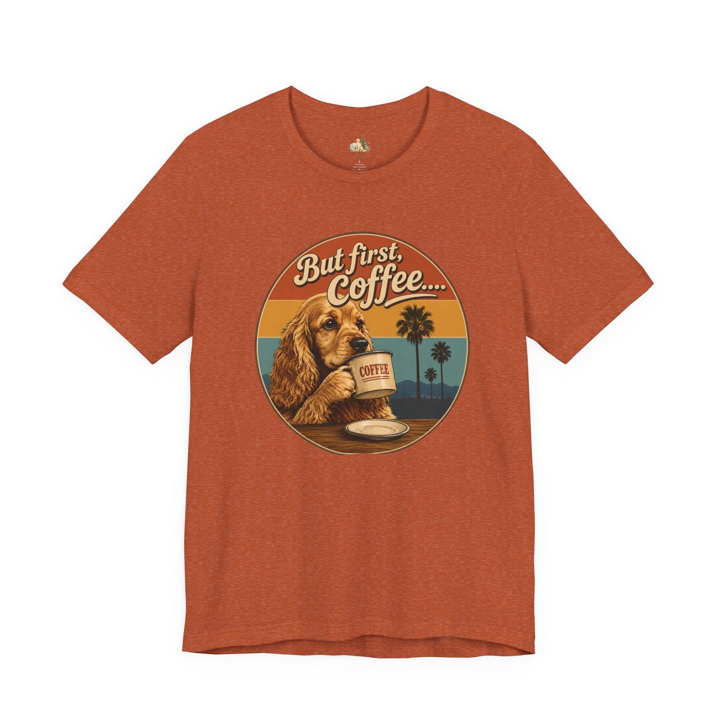 Men's But First Coffee Dog Tee — Retro Palm Tree Coffee Lover T-Shirt