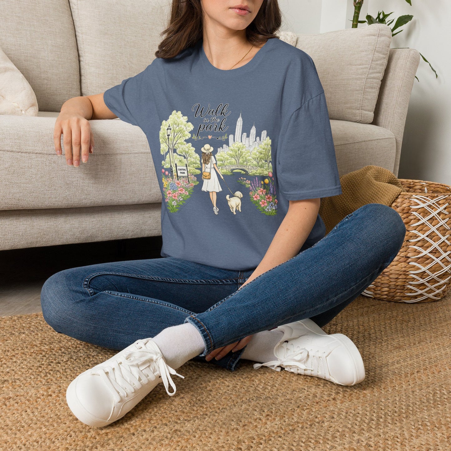 Walk in the Park T-Shirt | Woman Walking Dog Park Illustration (Light Weight, Ultra Soft Tee)