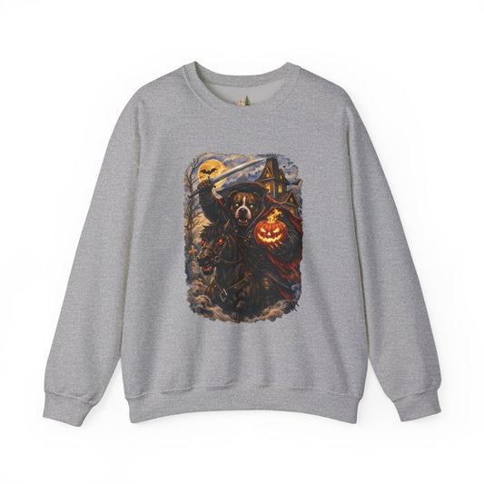 Unisex Halloween Pit Bull Headless Horseman Crewneck Sweatshirt ~ What Tails Lurk Behind The Pines