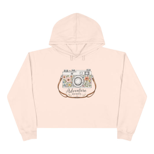 Cropped Hoodie — Floral Vintage Camera “Adventure Awaits” Crop Hoodie