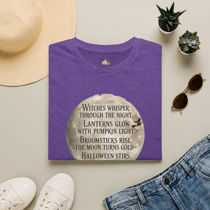 Halloween Poem T-Shirt — "Witches whisper through the night" Moon Graphic