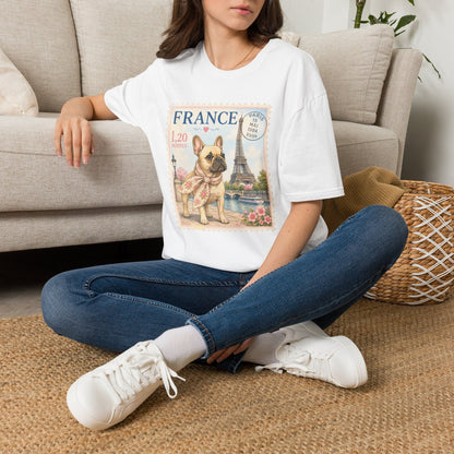 French Bulldog Postage Stamp T-Shirt | Eiffel Tower Paris Design (Light Weight, Ultra Soft Tee)