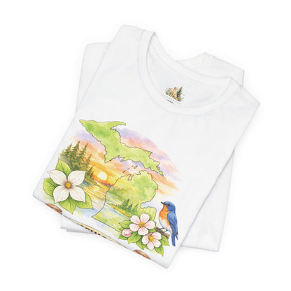 Michigan Scenic T-Shirt — State Flower & Bluebird Watercolor Design