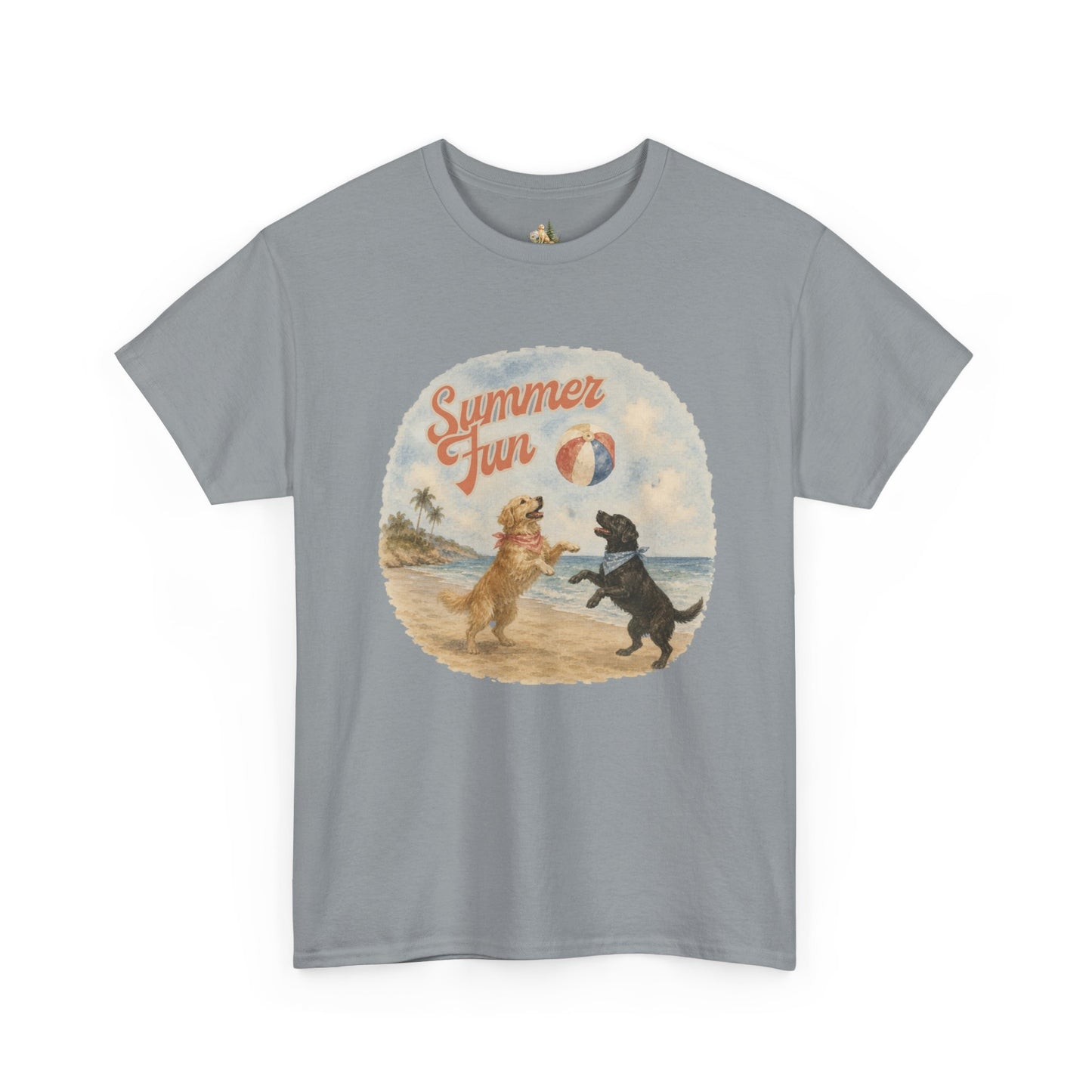 Unisex Summer Fun Dogs T-Shirt — Retro Beach Puppies Playing with Beach Ball (Heavy Weight Tee)