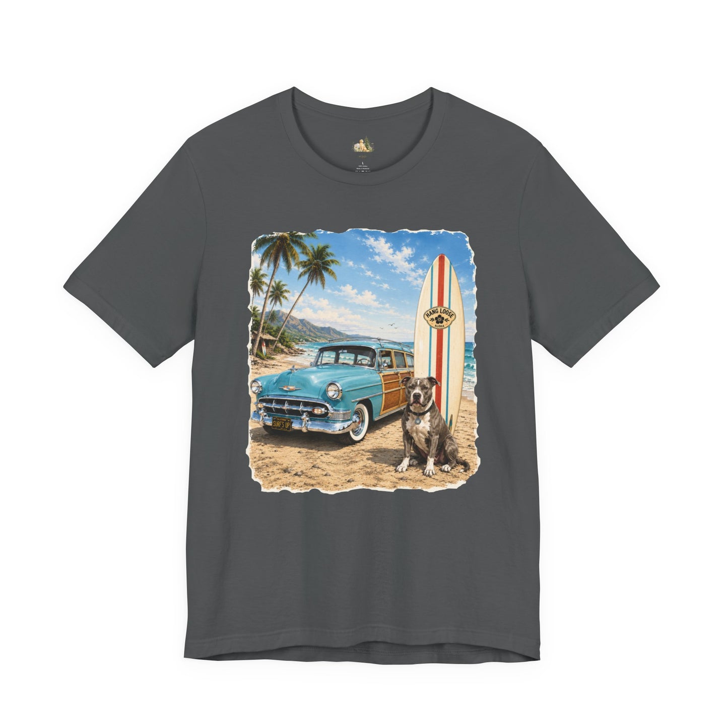 Men's Retro Beach Surf T-Shirt – Vintage Car, Surfboard & Palm Tree Graphic