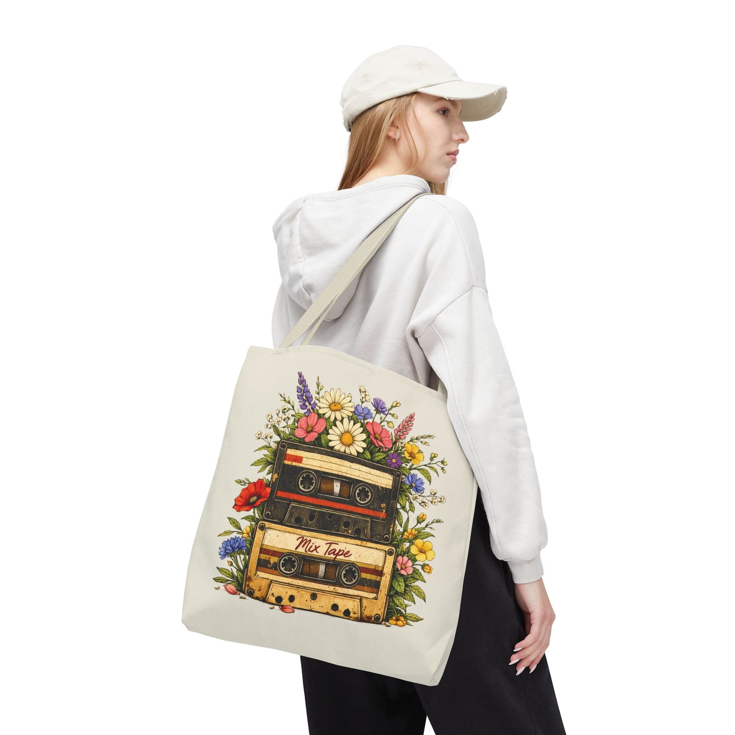 Retro Cassette Tote Bag — Floral 'Mix Tape' Vintage Music Tote