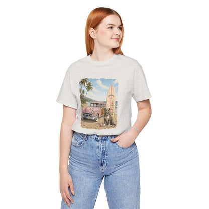 Vintage Beach Surf T‑Shirt — Retro Car, Surfboard & Dog Graphic
