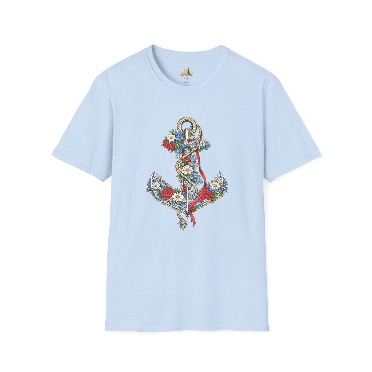 Floral Anchor Illustration T-Shirt Nautical Anchor with Roses (Light Weight, Ultra Soft T-Shirt)