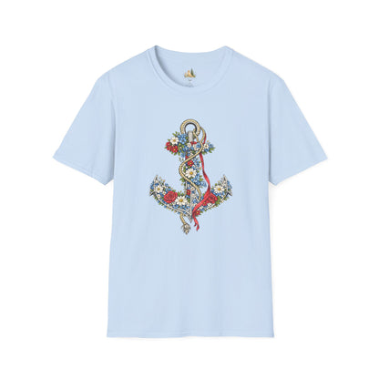 Floral Anchor Illustration T-Shirt Nautical Anchor with Roses (Light Weight, Ultra Soft T-Shirt)