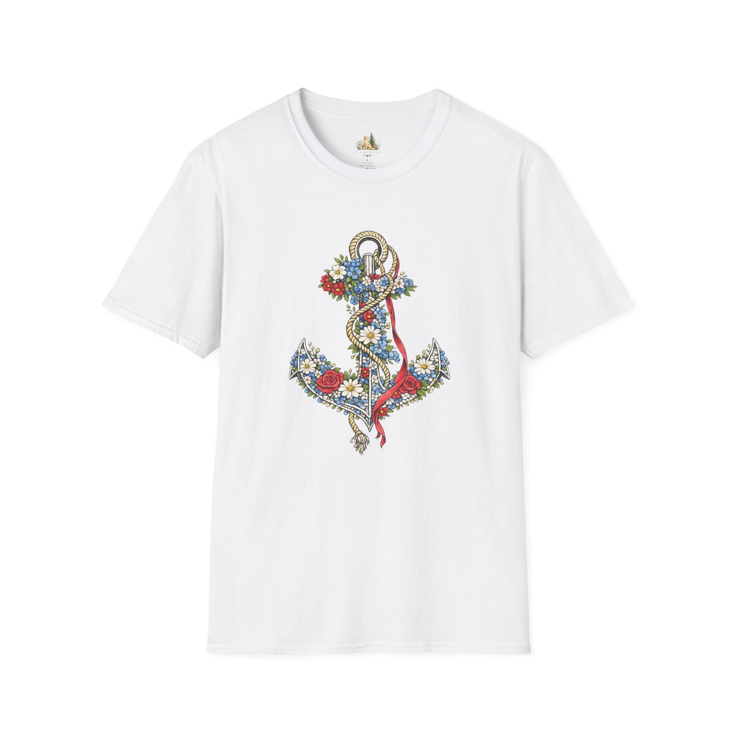 Floral Anchor Illustration T-Shirt Nautical Anchor with Roses (Light Weight, Ultra Soft T-Shirt)