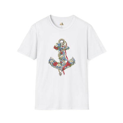 Floral Anchor Illustration T-Shirt Nautical Anchor with Roses (Light Weight, Ultra Soft T-Shirt)