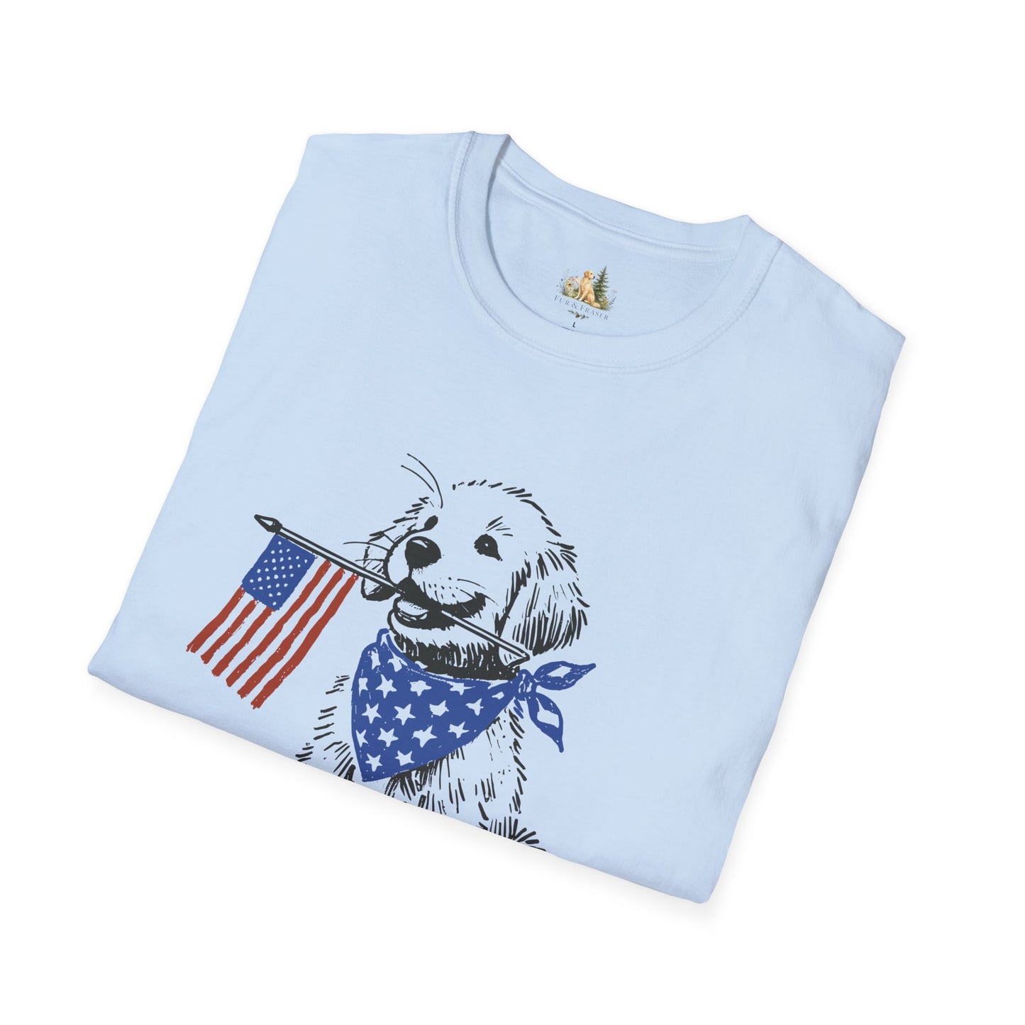 Unisex Patriotic Puppy T-Shirt — Golden Retriever with American Flag Bandana (Light Weight, Ultra Soft Tee)