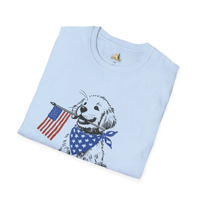 Unisex Patriotic Puppy T-Shirt — Golden Retriever with American Flag Bandana (Light Weight, Ultra Soft Tee)