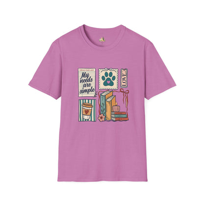 T-Shirt — "My Needs Are Simple" Book & Paw Graphic Tee