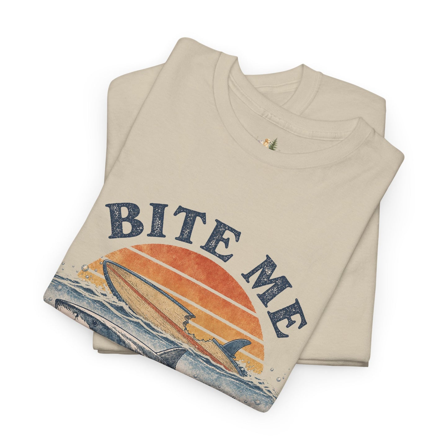 Shark 'Bite Me' Graphic Tee — Vintage Ocean Sunset Fishing Shirt (Heavy Weight Tee)