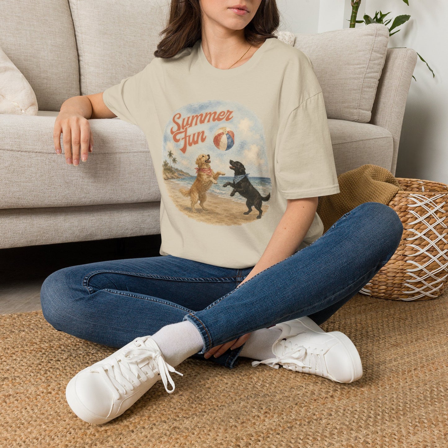 Summer Fun Dogs T-Shirt — Retro Beach Puppies Playing with Beach Ball (Light Weight, Ultra Soft Tee)
