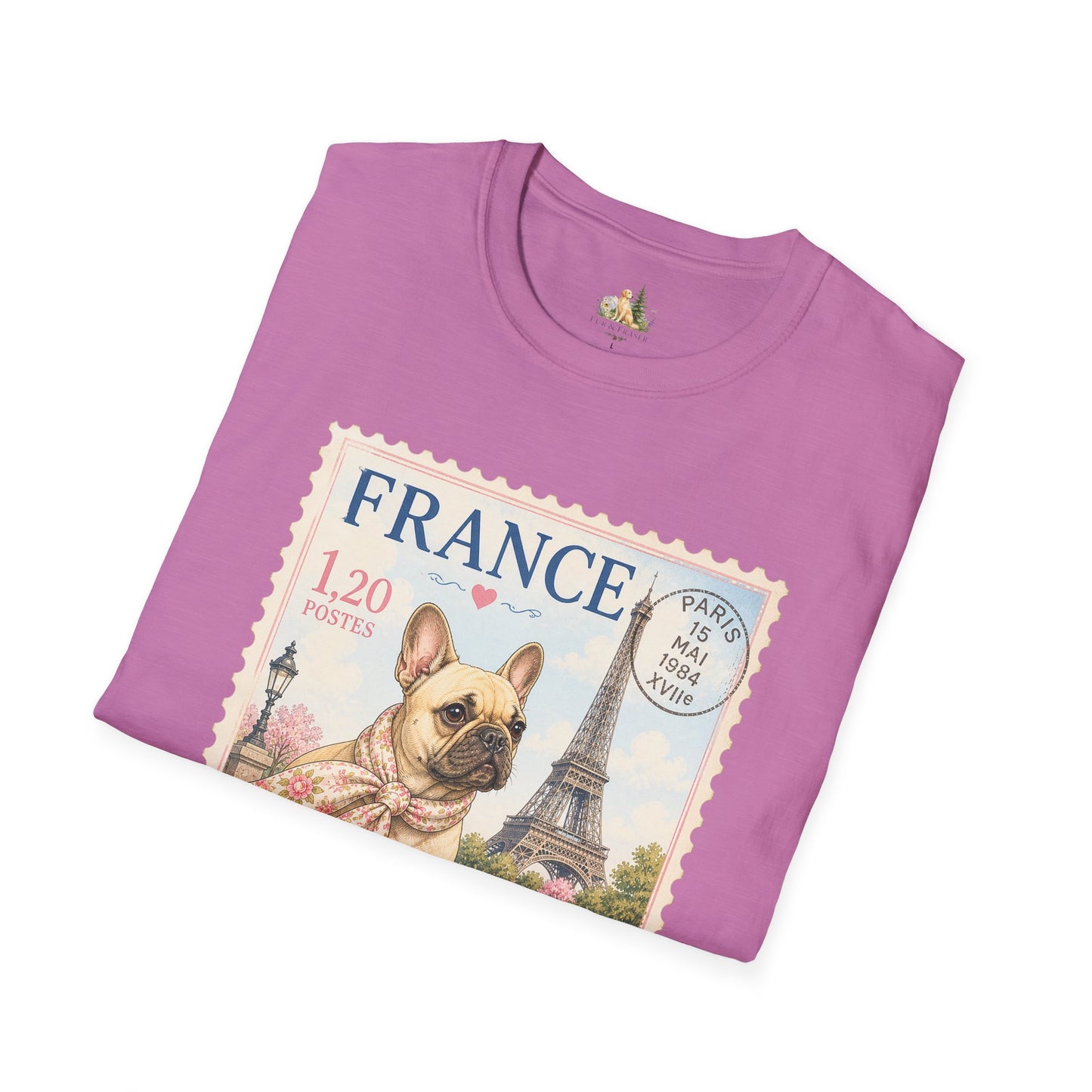 French Bulldog Postage Stamp T-Shirt | Eiffel Tower Paris Design (Light Weight, Ultra Soft Tee)