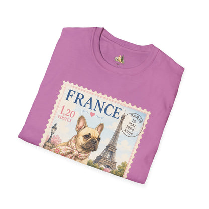 French Bulldog Postage Stamp T-Shirt | Eiffel Tower Paris Design (Light Weight, Ultra Soft Tee)