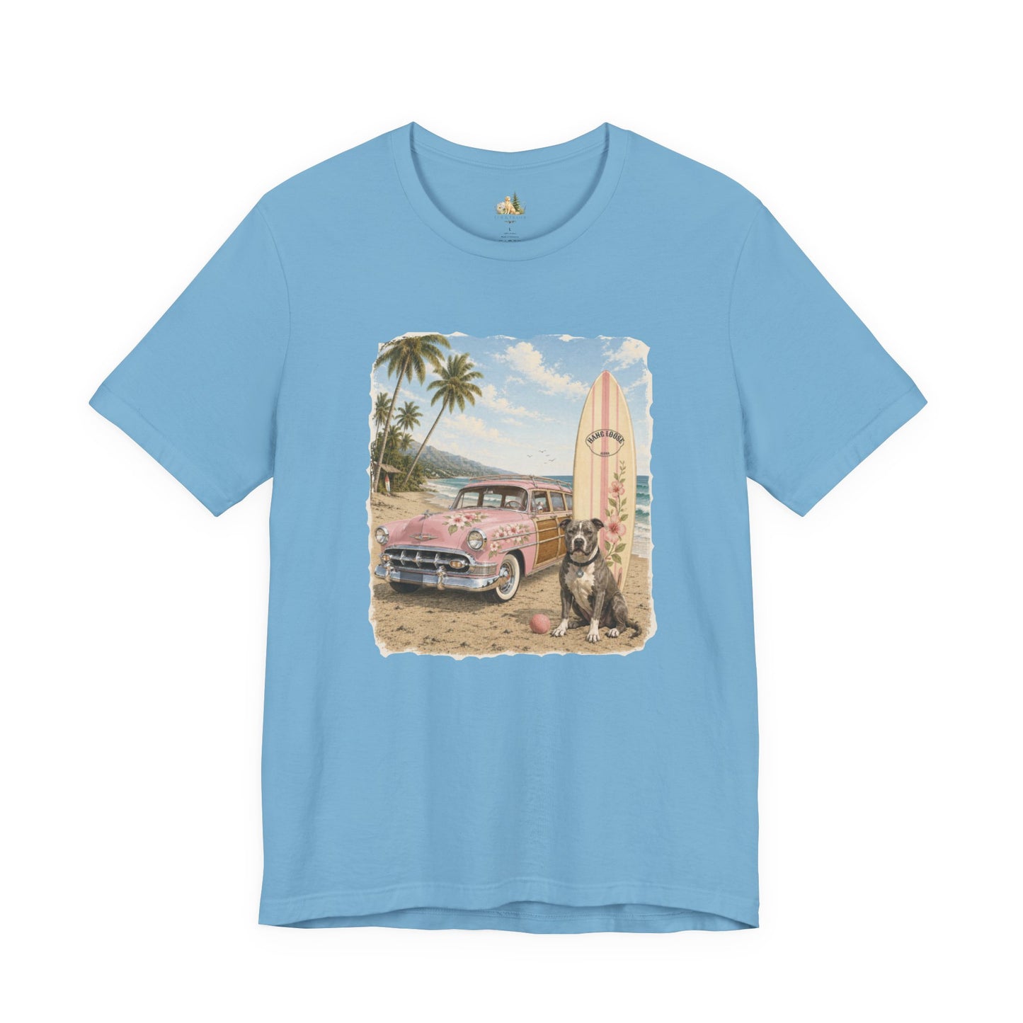 Vintage Beach Surf T‑Shirt — Retro Car, Surfboard & Dog Graphic