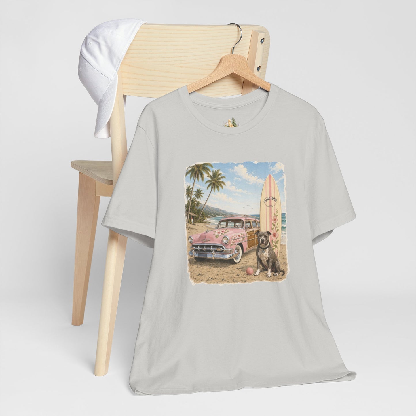 Vintage Beach Surf T‑Shirt — Retro Car, Surfboard & Dog Graphic