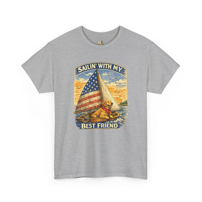 Unisex Sailin' With My Best Friend T-Shirt - Dog & American Flag Sailing Crew Tee (Light Weight, Ultra Soft Cotton)