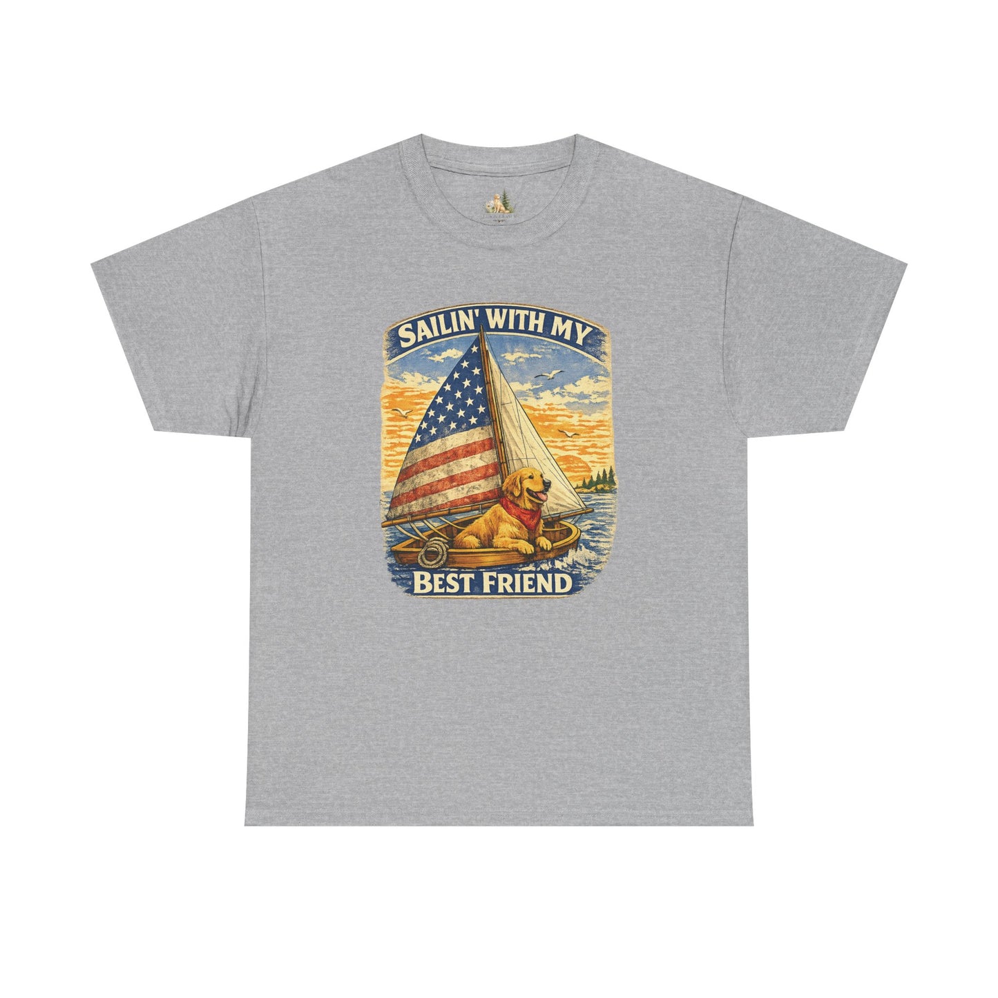 Unisex Sailin' With My Best Friend T-Shirt - Dog & American Flag Sailing Crew Tee (Light Weight, Ultra Soft Cotton)