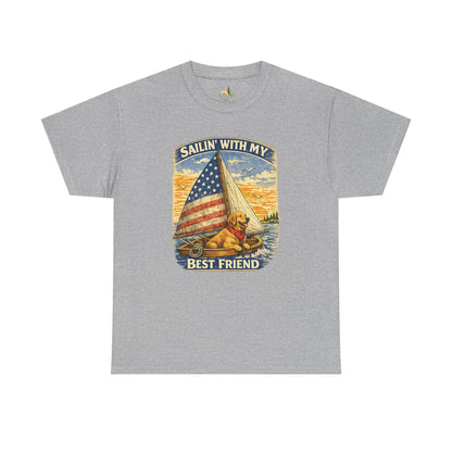 Unisex Sailin' With My Best Friend T-Shirt - Dog & American Flag Sailing Crew Tee (Light Weight, Ultra Soft Cotton)