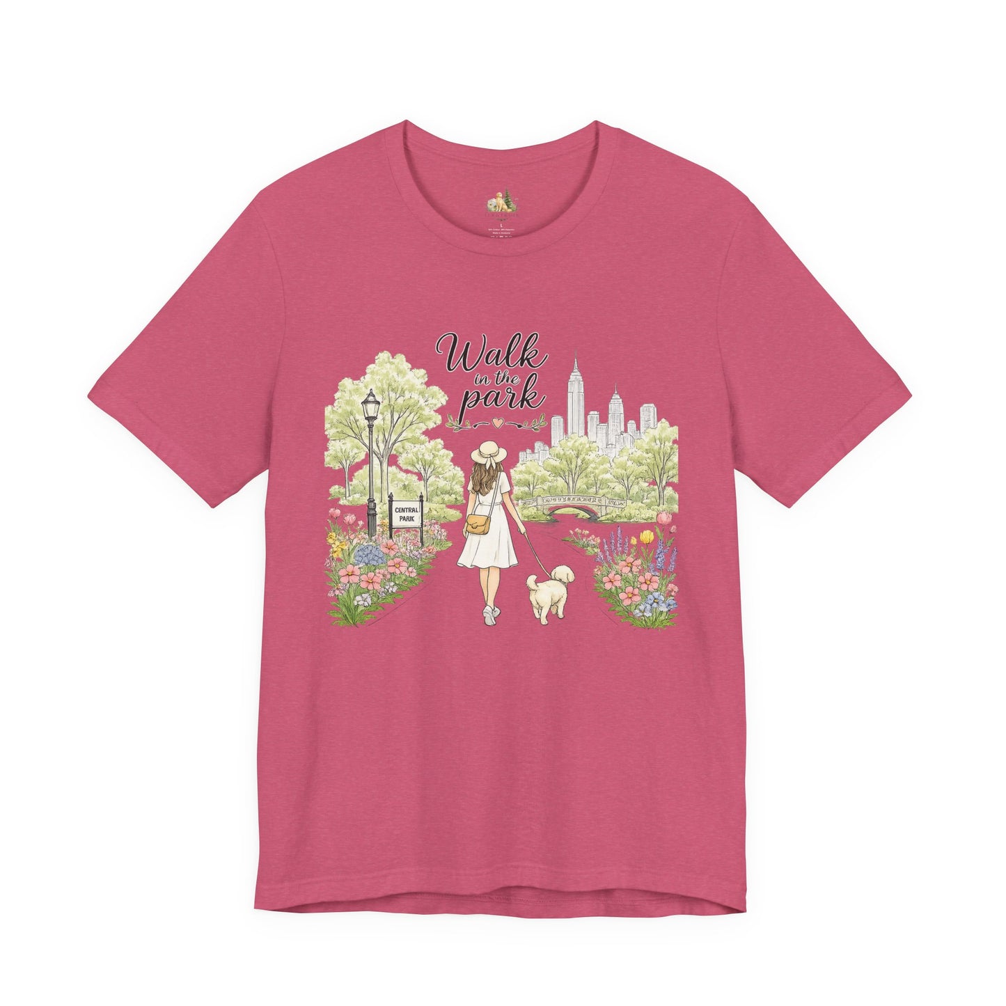 Walk in the Park T-Shirt | Woman Walking Dog Park Illustration