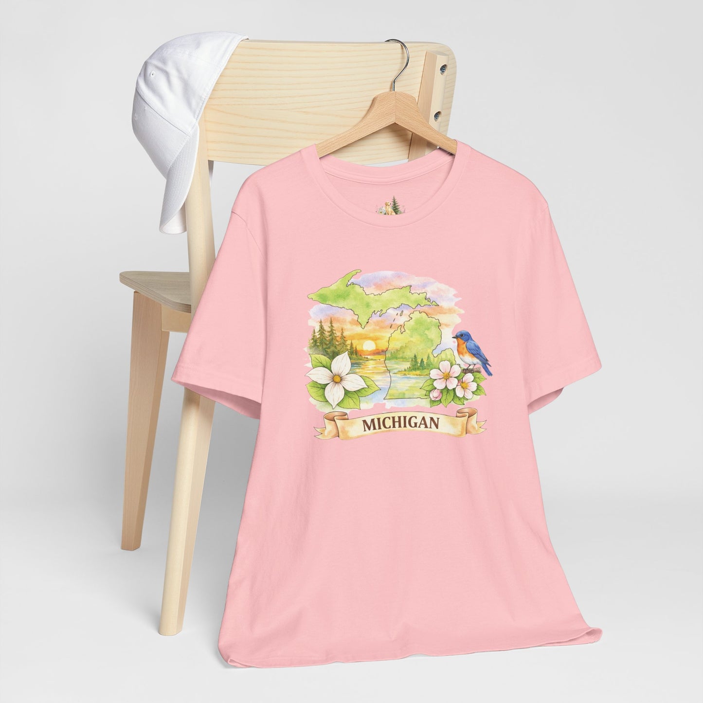 Michigan Scenic T-Shirt — State Flower & Bluebird Watercolor Design