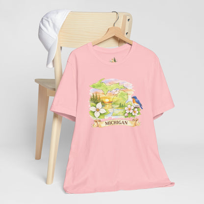 Michigan Scenic T-Shirt — State Flower & Bluebird Watercolor Design