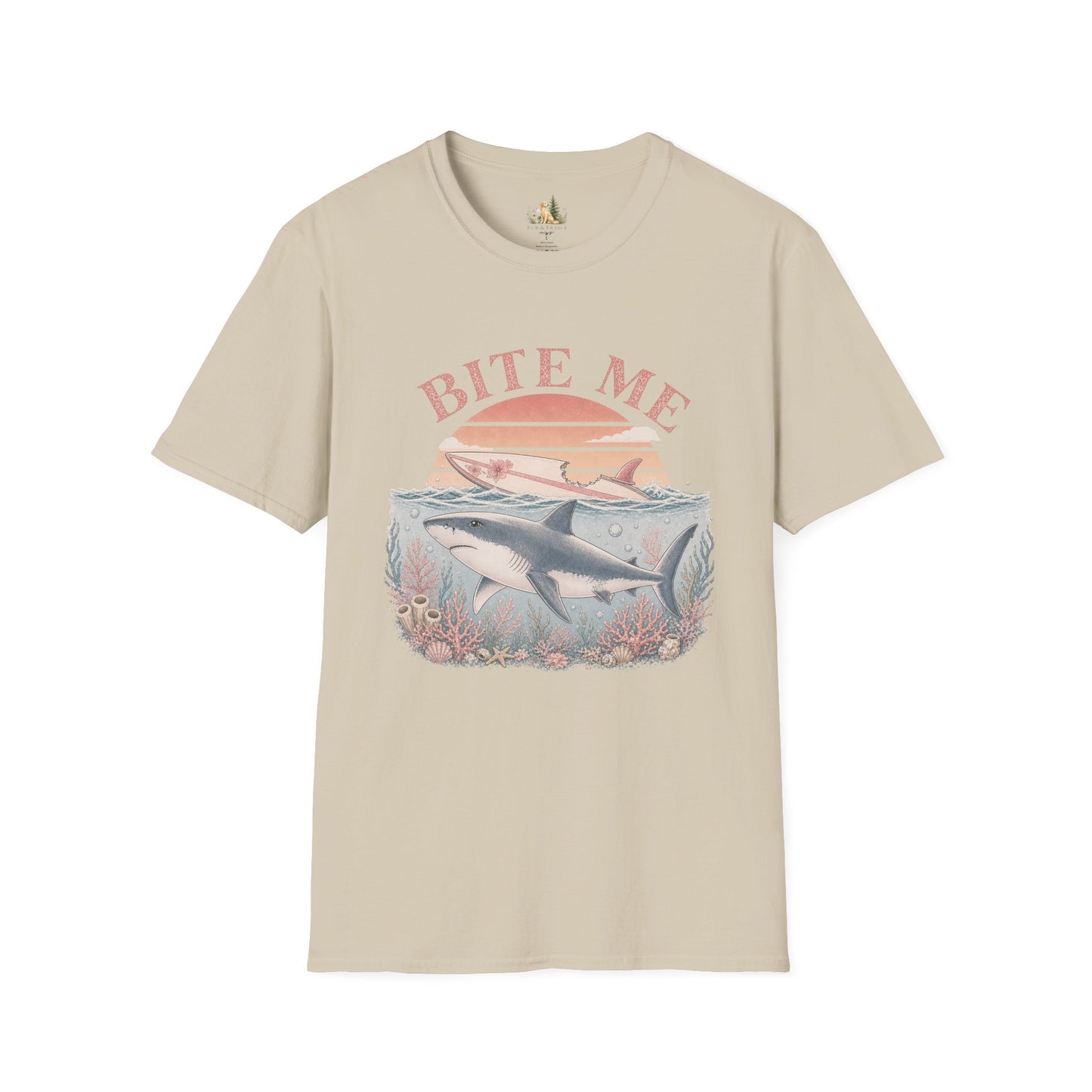 Bite Me Shark T-Shirt — Retro Ocean Sunset Graphic Tee (Light Weight, Ultra Soft)