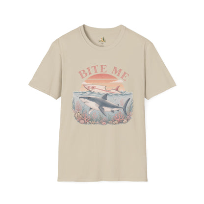 Bite Me Shark T-Shirt — Retro Ocean Sunset Graphic Tee (Light Weight, Ultra Soft)