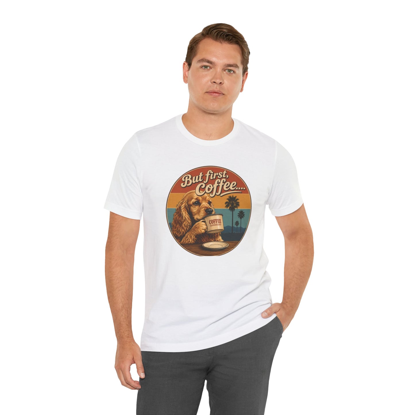 Men's But First Coffee Dog Tee — Retro Palm Tree Coffee Lover T-Shirt