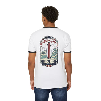 Boardwalk Summer Surf T-Shirt — Retro Surfboard & Waves Graphic