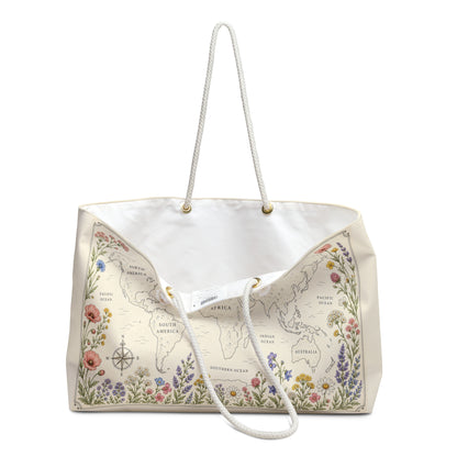 Floral World Map Weekender Bag — Vintage Botanical Travel Tote